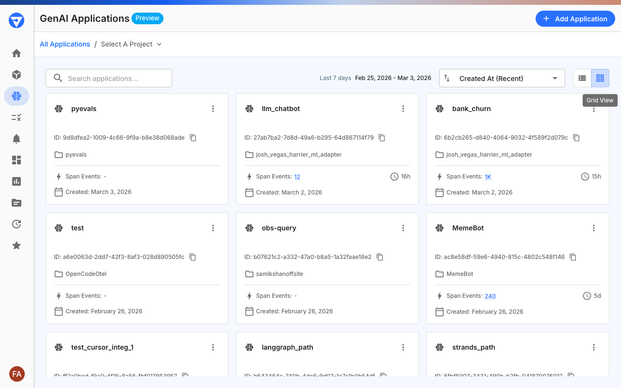 GenAI Applications page with grid-based card layout